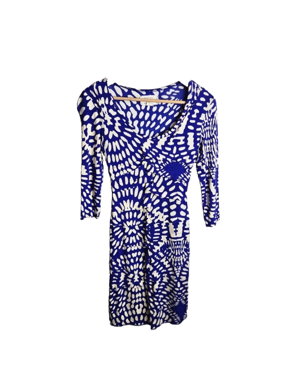 Nicole Miller Artelier P Blue Cream Abstract Print Ruched Stretch Jersey Dress